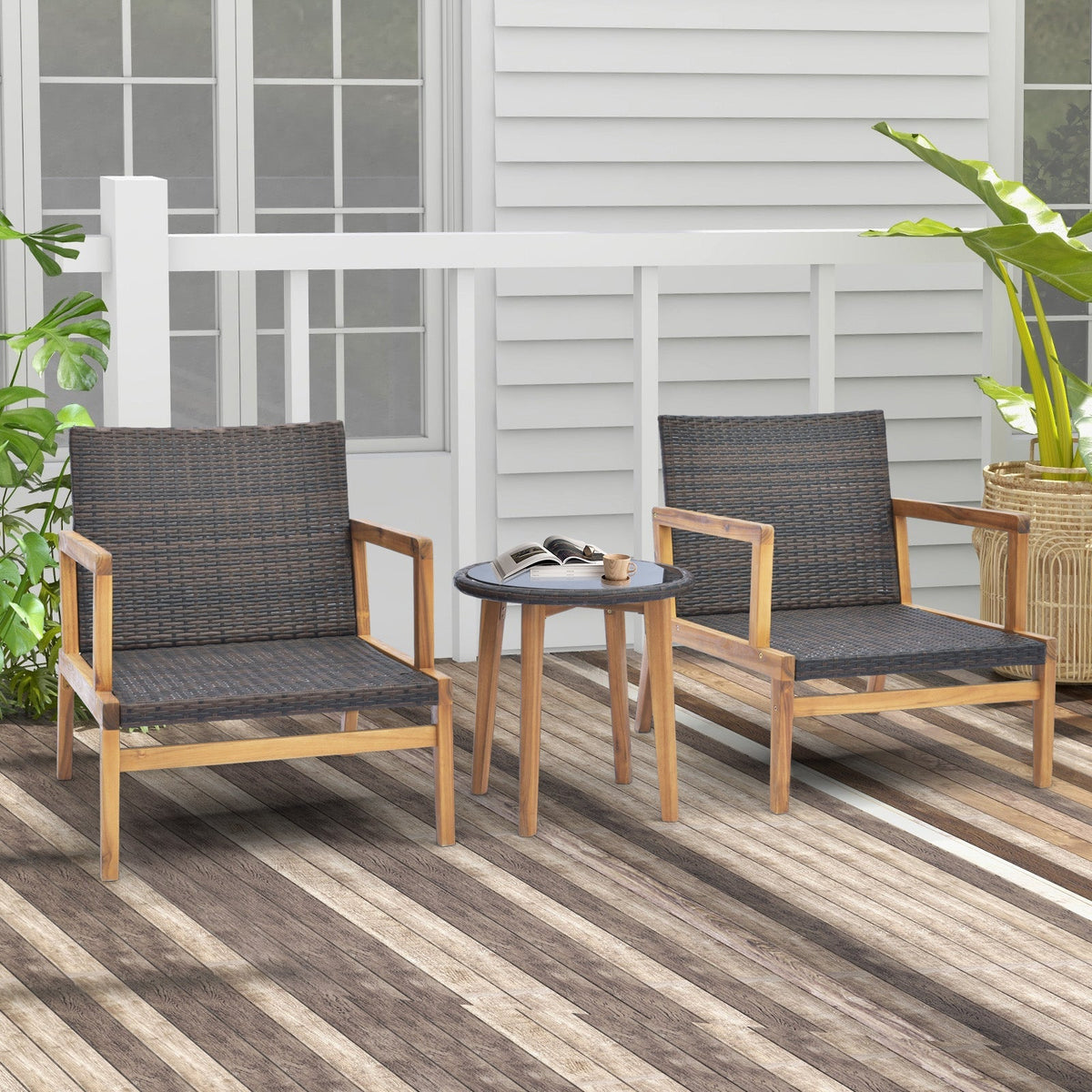3 Pieces Patio Furniture Set with Cushioned Chairs and Tempered Glass Side Table