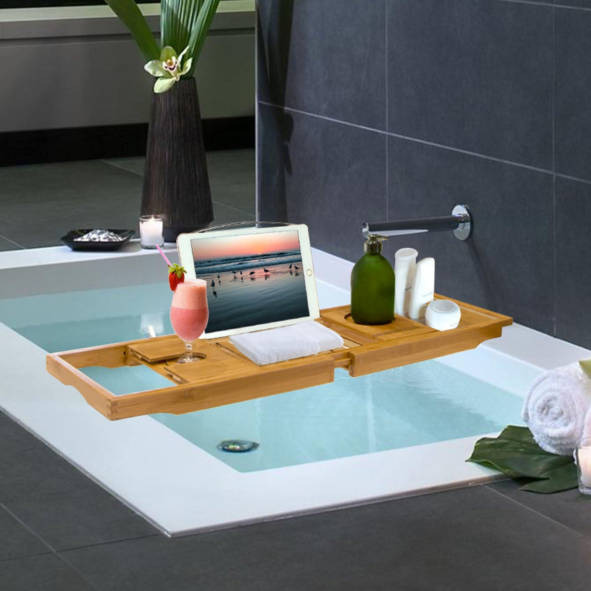 Bathtub Caddy Tray Crafted Bamboo Bath Tray Table Extendable Reading Rack Tablet Phone Holder Wine Glass Holder Shelf Desk Bathroom Spa