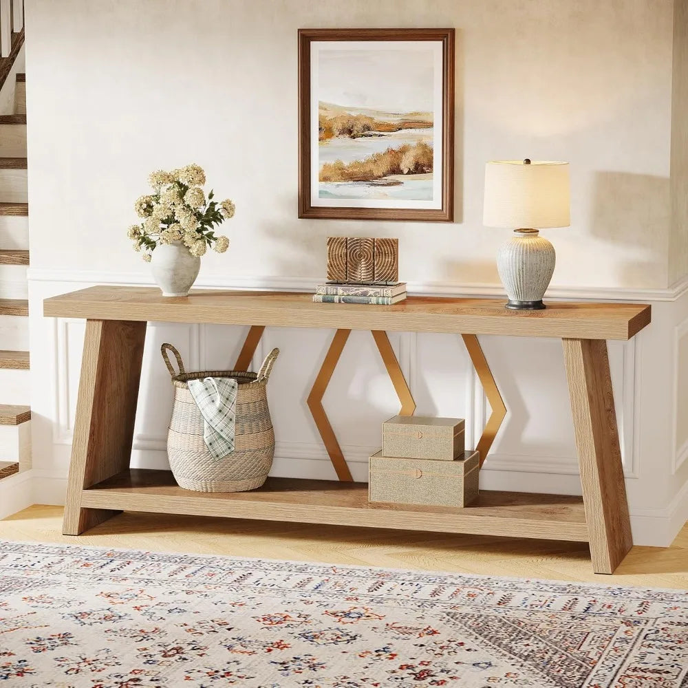 Rustic Wood Console Table with Two-Tier Shelf