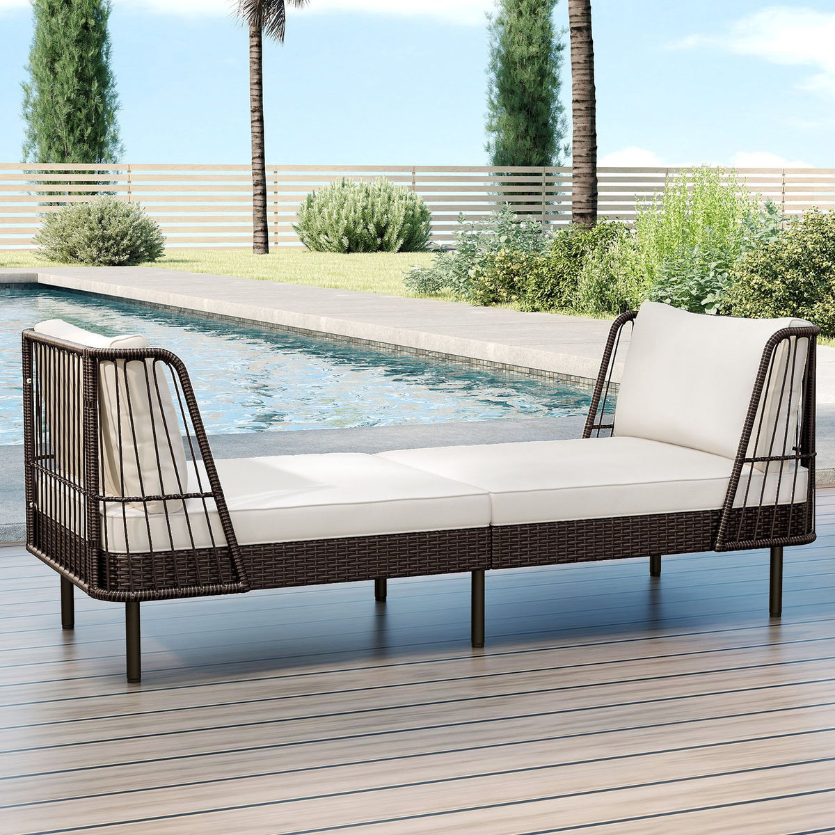 Patio Wicker Daybed Outdoor Boho Rattan Loveseat Sofa with Seat and Back Cushions-White