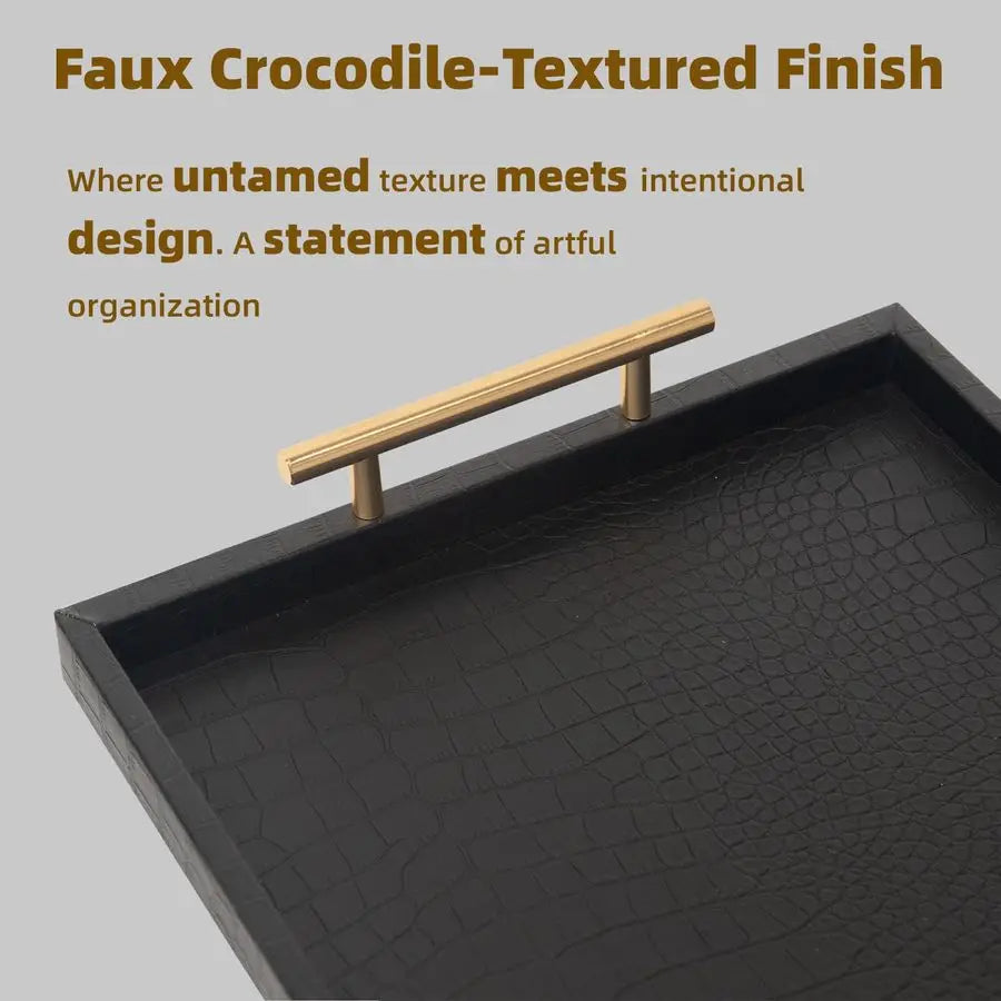 Faux Leather Serving Tray Set With Croc Texture Design