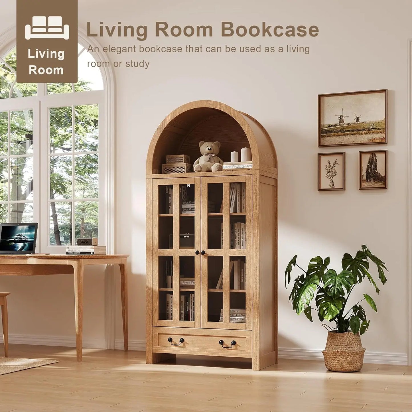 Arched Storage Cabinet with Glass Doors