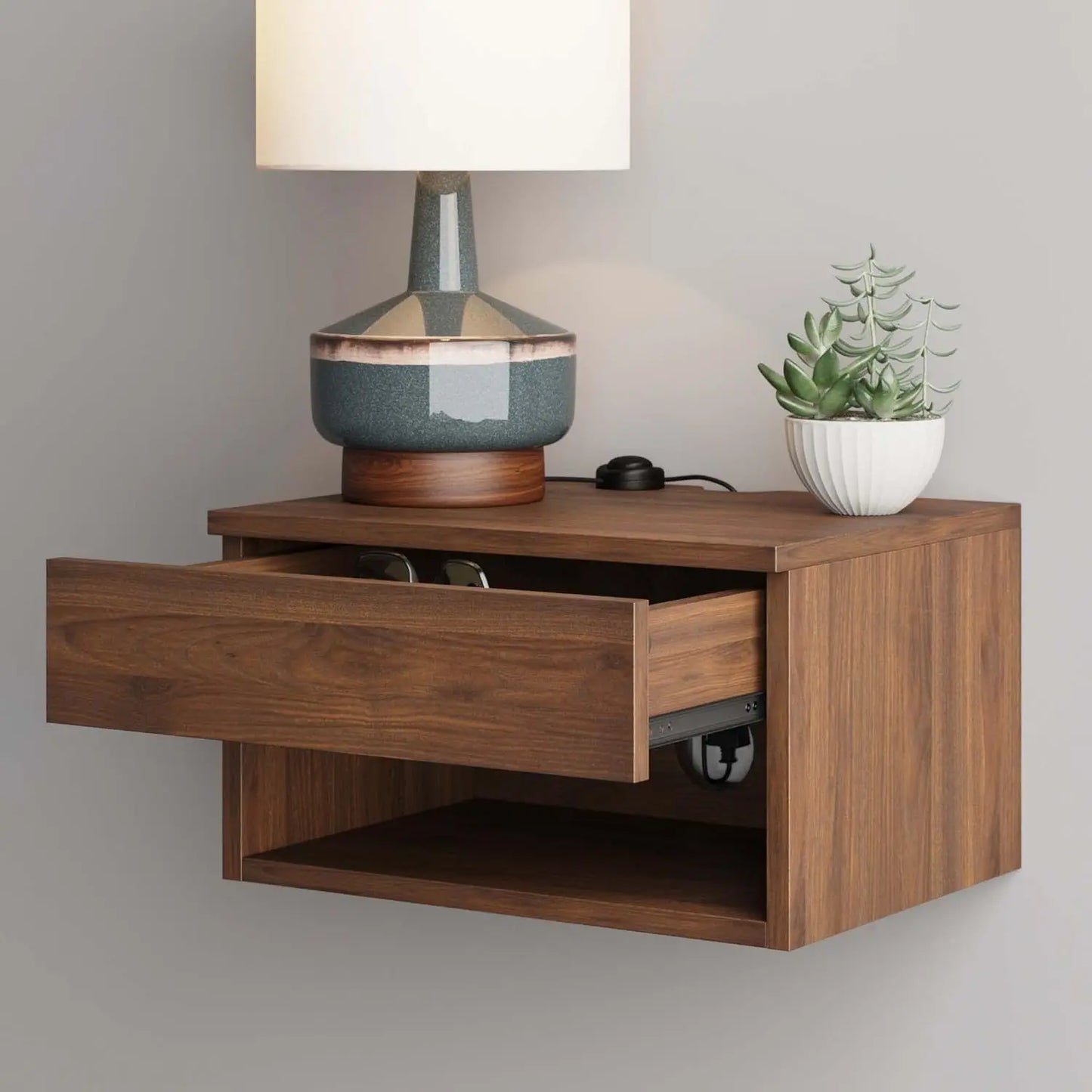 Floating Nightstand with Drawer and Open Shelf Design
