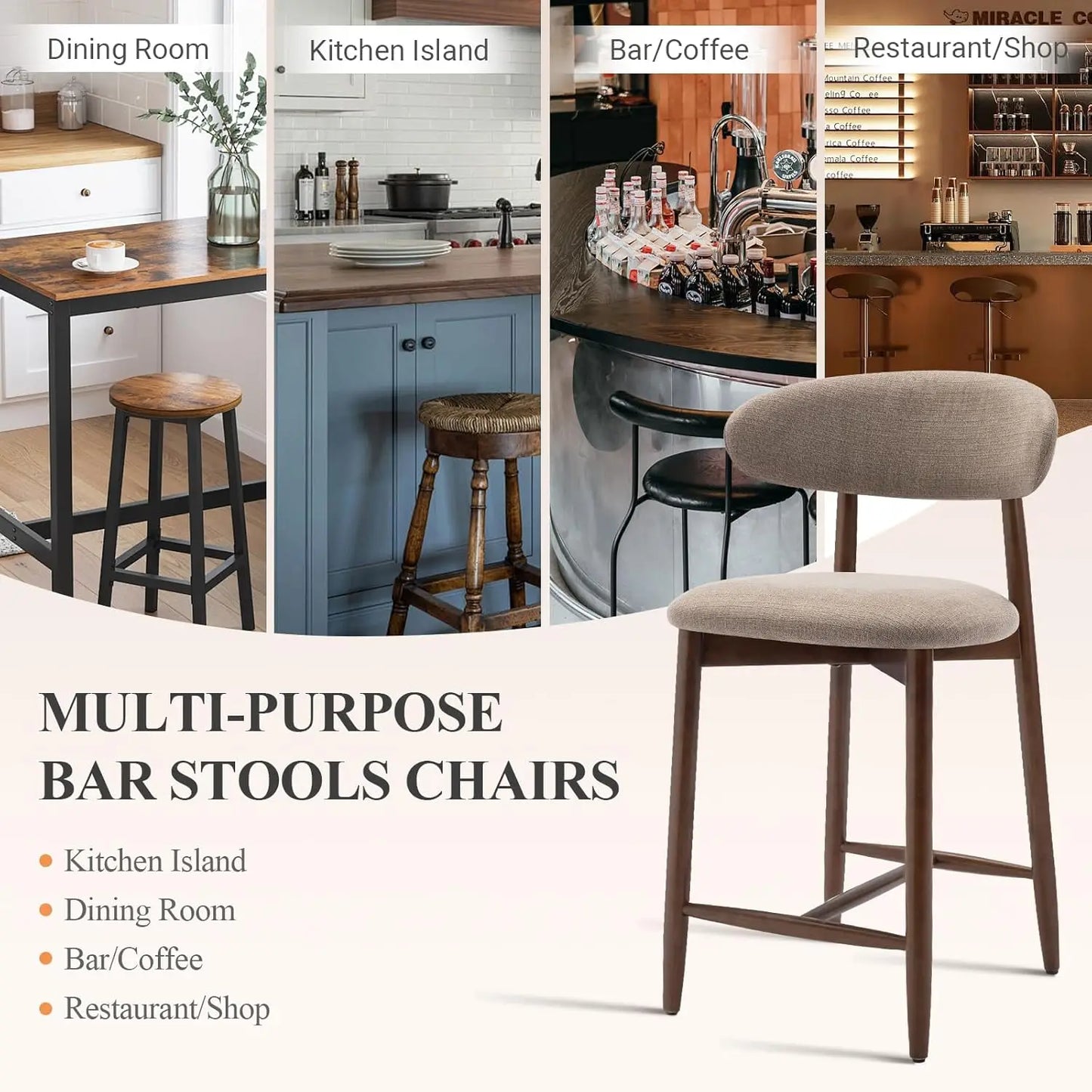 Mid-Century Upholstered Bar Stools With Wood Legs - Set of 2