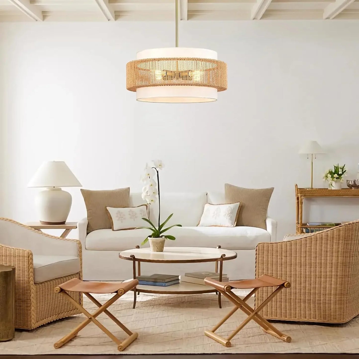 Boho Rattan Chandelier with Adjustable Height and Fabric Shade