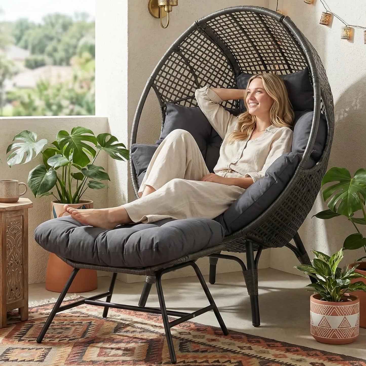 Oversized Wicker Egg Chair with Ottoman