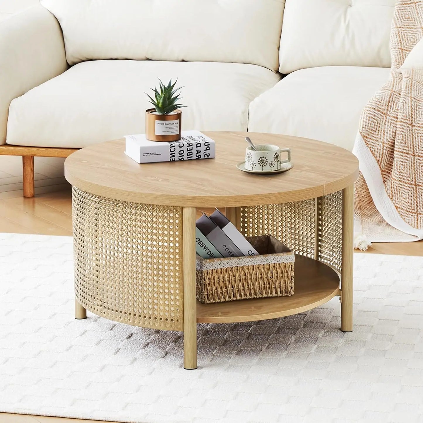 Round Rattan Coffee Table with Two-Tier Storage Design