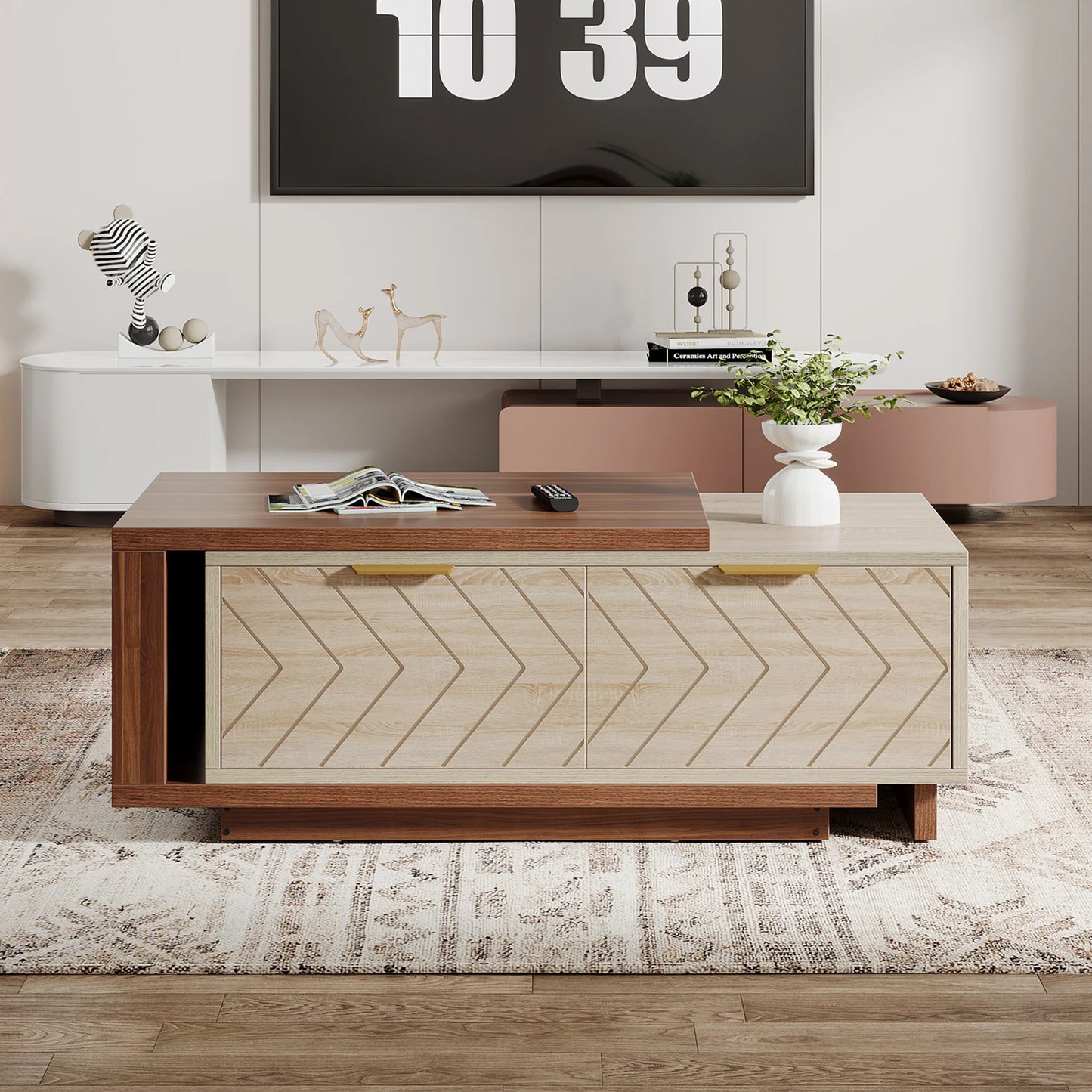 Dual-Tone Expandable Coffee Table with Brass Accents