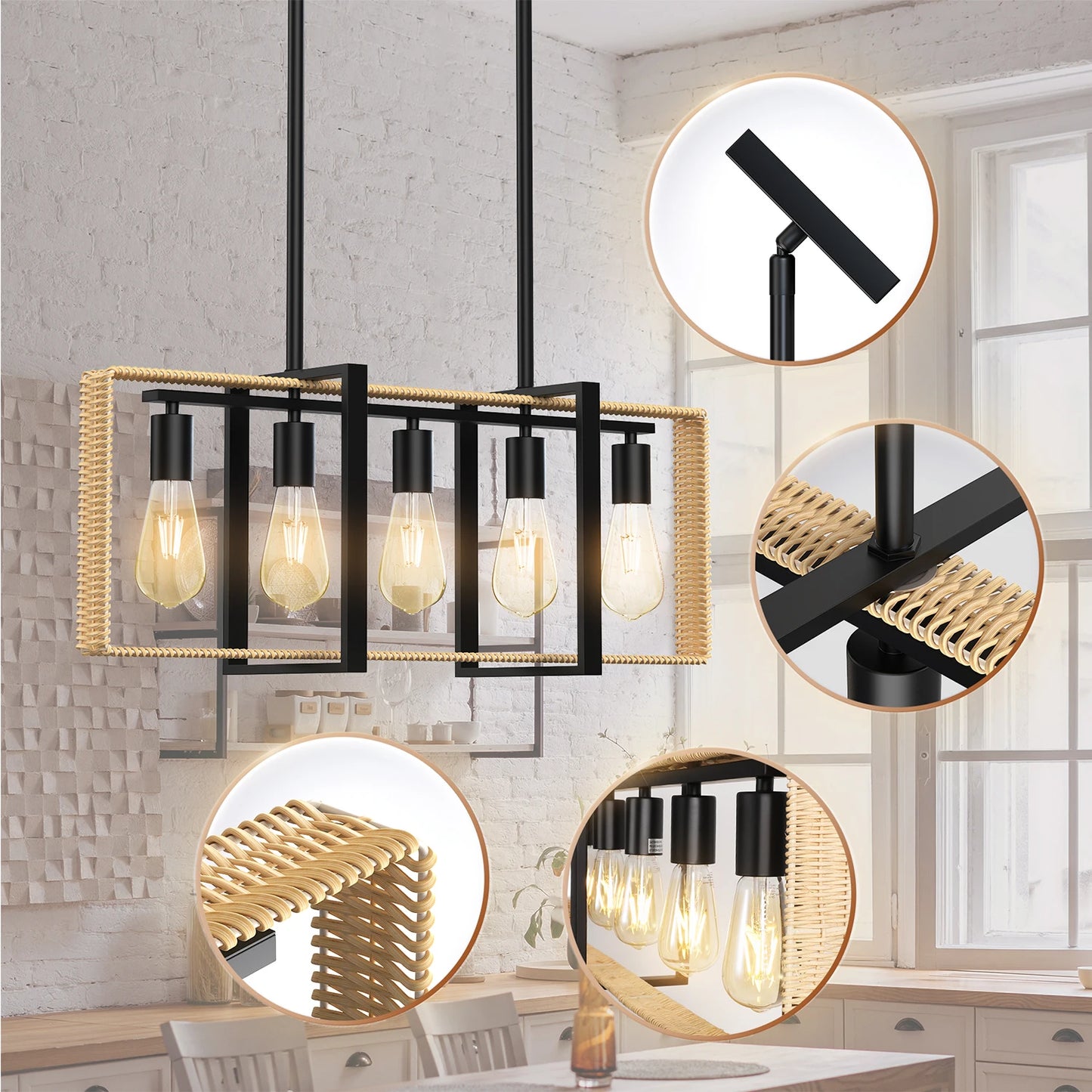 Architectural Rattan Chandelier With Sculptural Black Frame