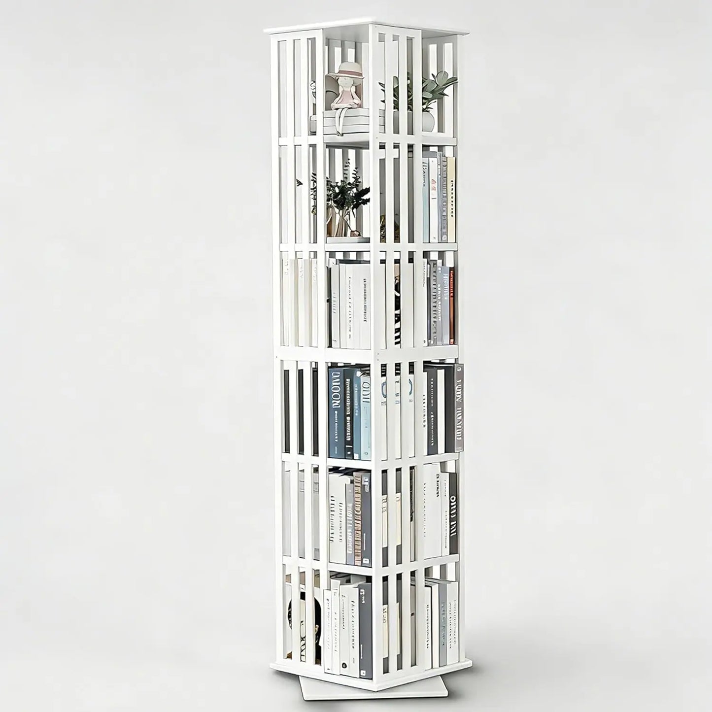 Rotating Bamboo Bookshelf with Space-Saving Tower Design