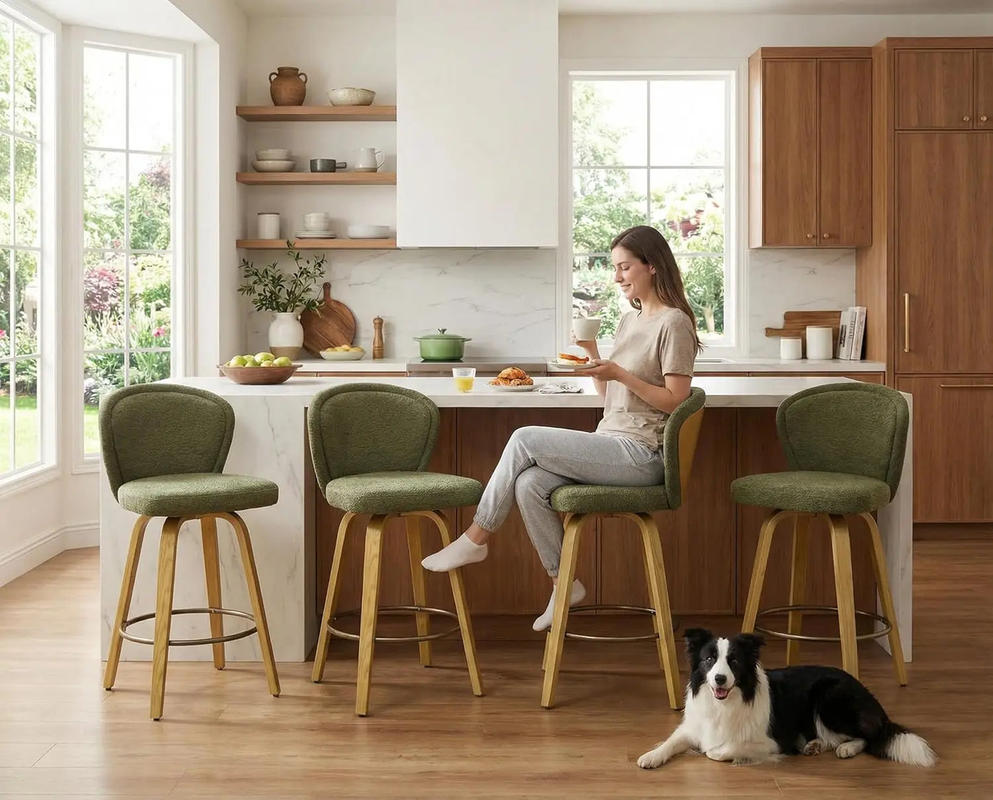 Swivel Counter Height Bar Stools with Wood Legs - Set of 4