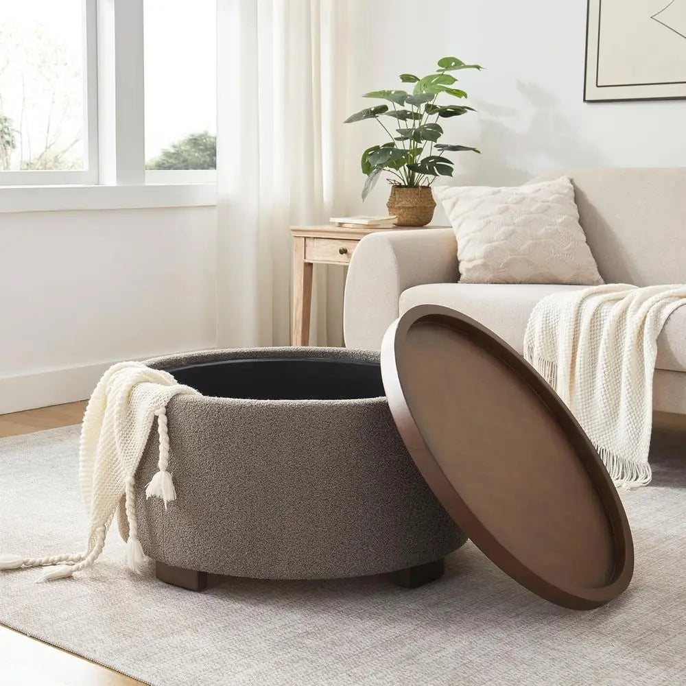 Round Storage Ottoman with Boucle Upholstery Design