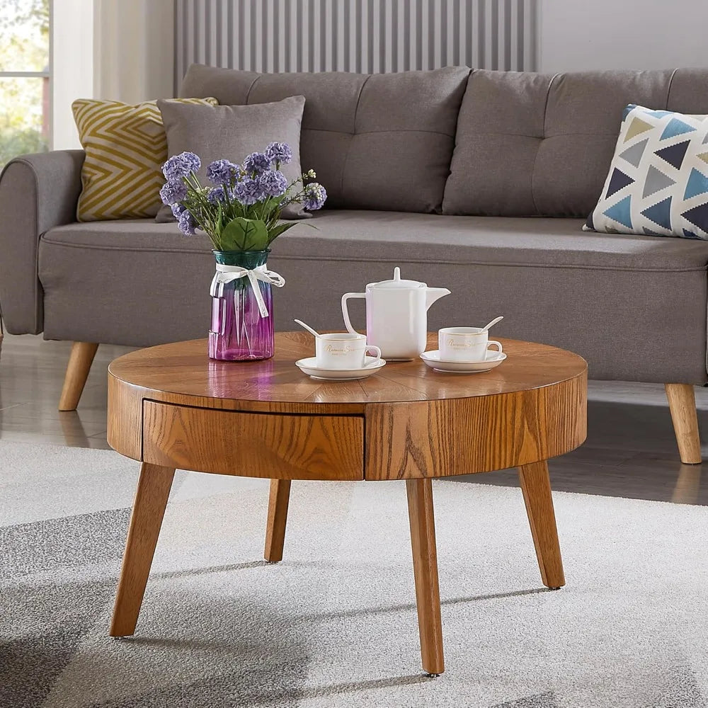 Round Wood Coffee Table with Hidden Drawer