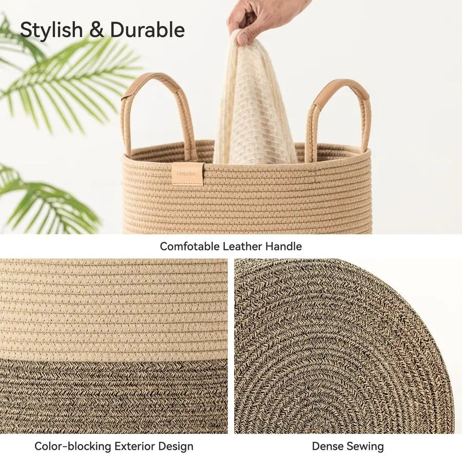Woven Cotton Laundry Hamper with Leather Handles
