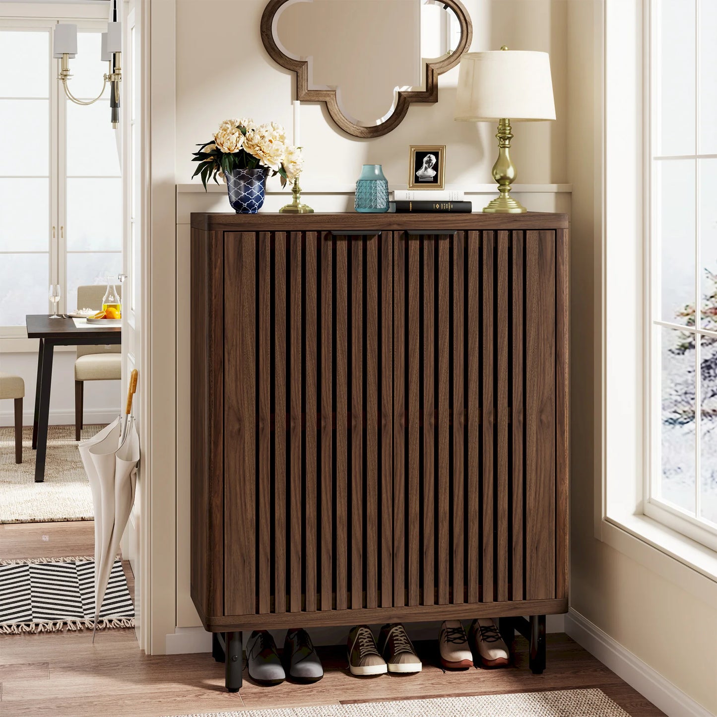Dark Walnut Louvered Door Shoe Cabinet