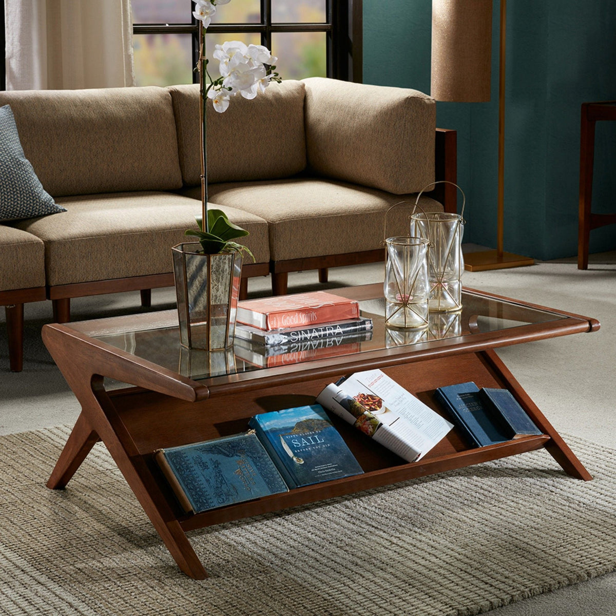 Coffee Table With Tempered Glass Top - Walnut