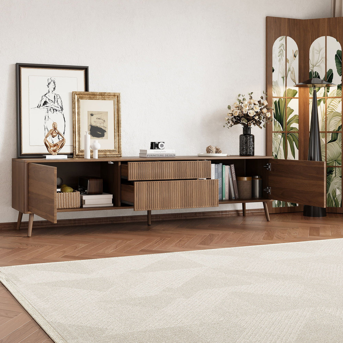Fluted TV Stand With Storage Drawers And Cabinets For TVs Up To 80", Soft-Close Hinges, Cable Management - Walnut