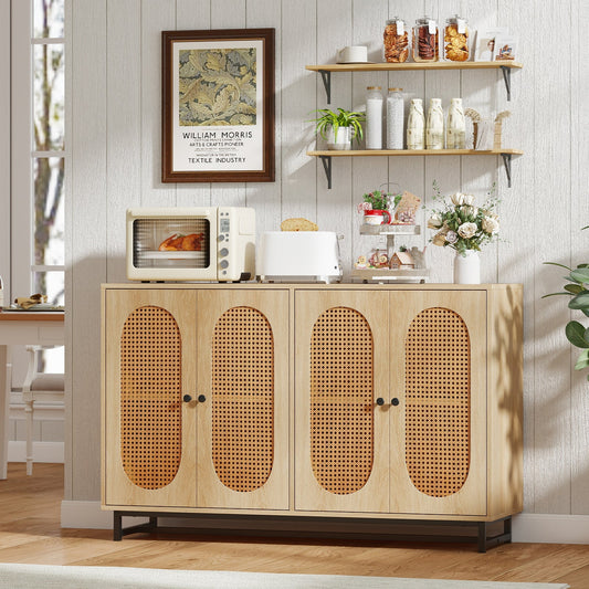 50 Inch Buffet Sideboard Cabinet with 4 Rattan Doors and Adjustable Shelves