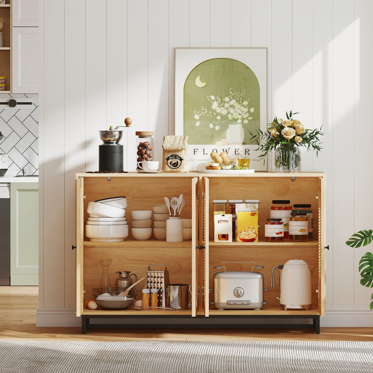 50 Inch Buffet Sideboard Cabinet with 4 Rattan Doors and Adjustable Shelves