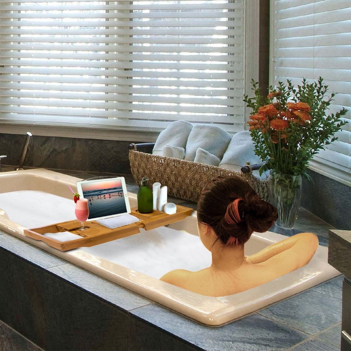 Bathtub Caddy Tray Crafted Bamboo Bath Tray Table Extendable Reading Rack Tablet Phone Holder Wine Glass Holder Shelf Desk Bathroom Spa