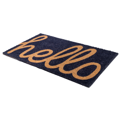Cursive Hello Doormat Handwoven, Durable - Dark Blue