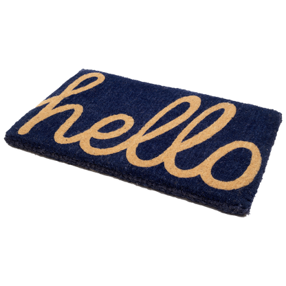 Cursive Hello Doormat Handwoven, Durable - Dark Blue