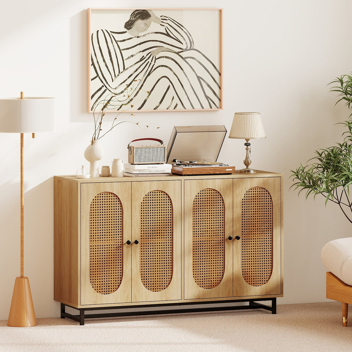 50 Inch Buffet Sideboard Cabinet with 4 Rattan Doors and Adjustable Shelves