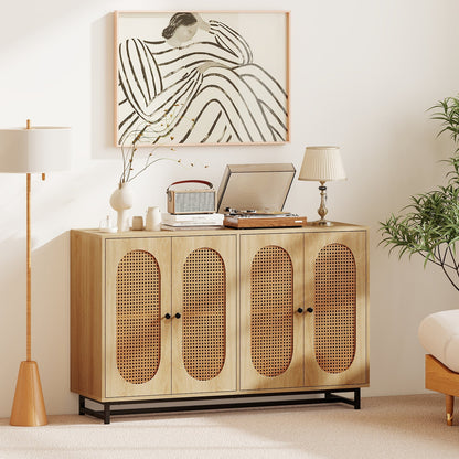 50 Inch Buffet Sideboard Cabinet with 4 Rattan Doors and Adjustable Shelves