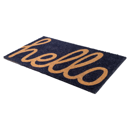 Cursive Hello Doormat Handwoven, Durable - Dark Blue