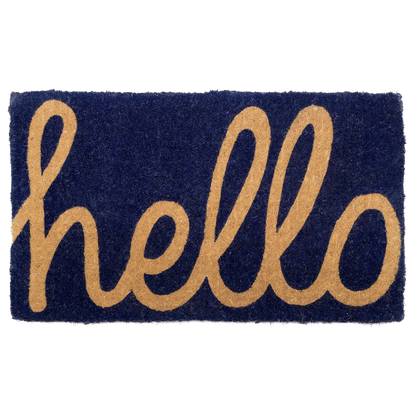 Cursive Hello Doormat Handwoven, Durable - Dark Blue
