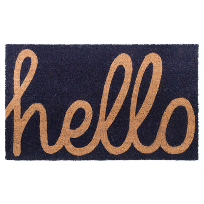 Cursive Hello Doormat Handwoven, Durable - Dark Blue