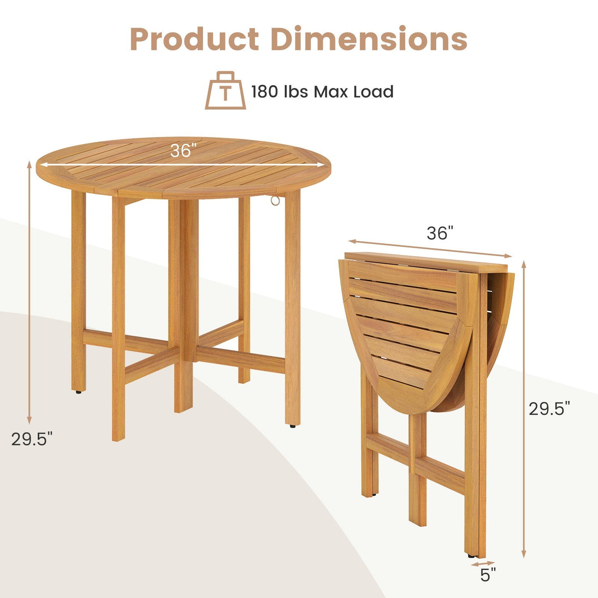 36 Inches Outdoor Folding Round Dining Table with Slatted Tabletop