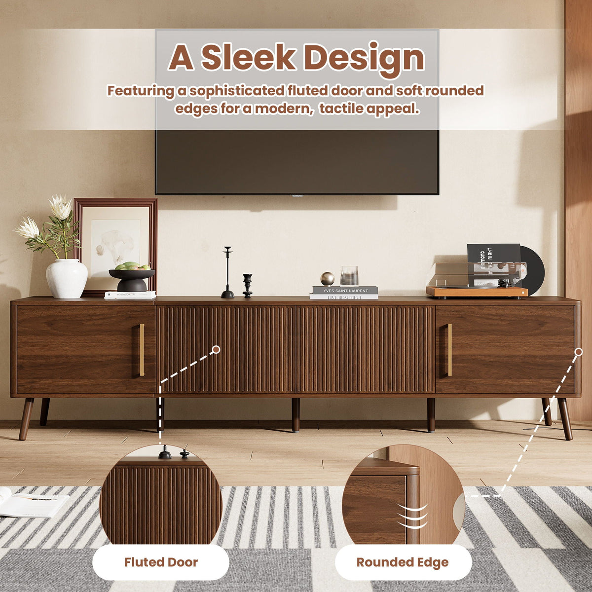 TV Stand For TVs Up To 85" With Fluted Door, Cable Management, Soft-Closing Hinges - Walnut