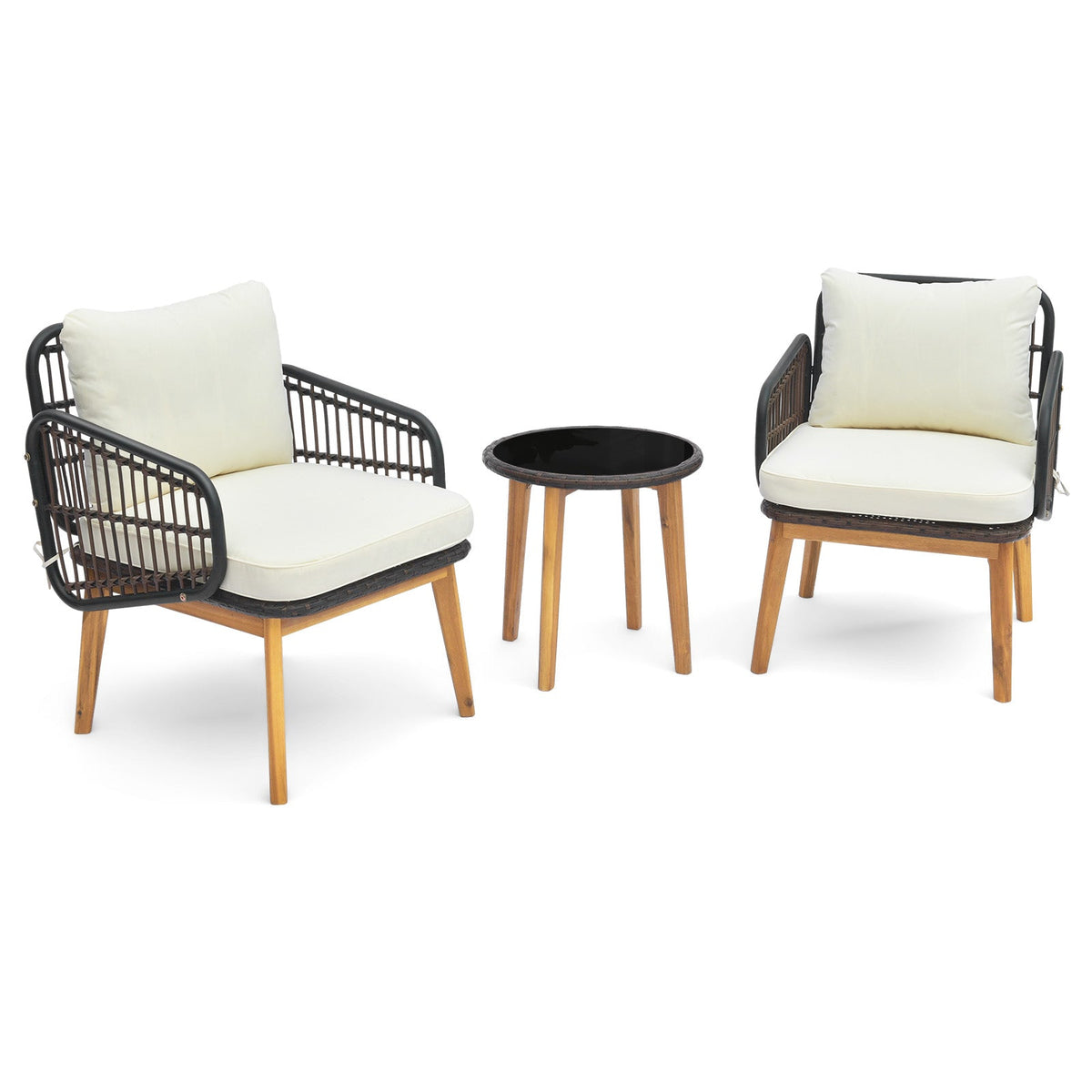 3 Pieces Patio Furniture Set with Cushioned Chairs and Tempered Glass Side Table