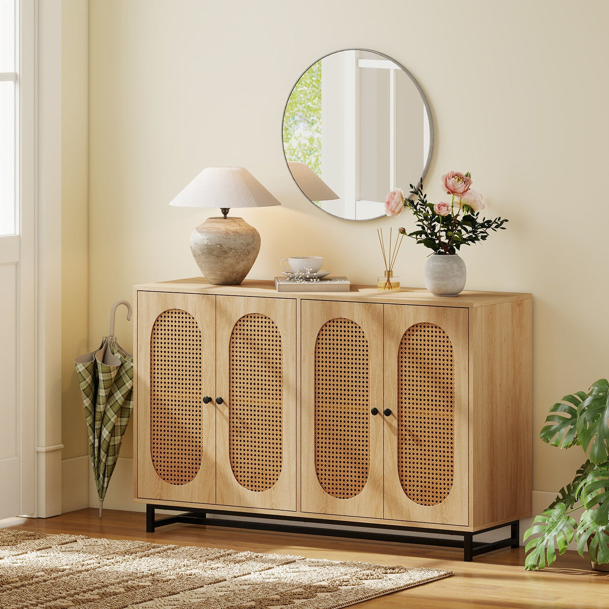 50 Inch Buffet Sideboard Cabinet with 4 Rattan Doors and Adjustable Shelves