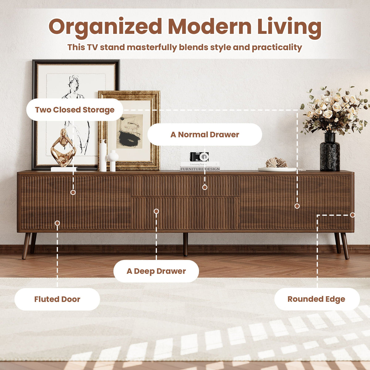 Fluted TV Stand With Storage Drawers And Cabinets For TVs Up To 80", Soft-Close Hinges, Cable Management - Walnut