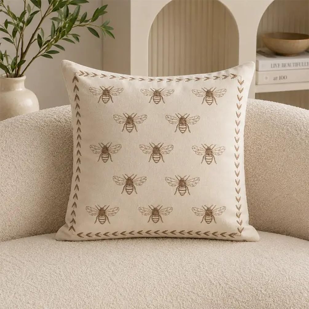 Fennco Styles Ivory Embroidered Bee Decorative Filled Throw Pillow