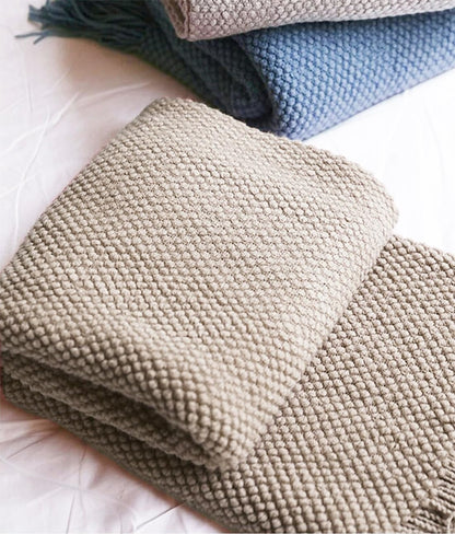 Fennco Styles Textured Knit Solid Fringe Throw Blanket 50" W x 60" L - Navy Blue Waffle Pattern Light Weight Blanket for Sofa, Couch, Living Room and Bedroom Décor