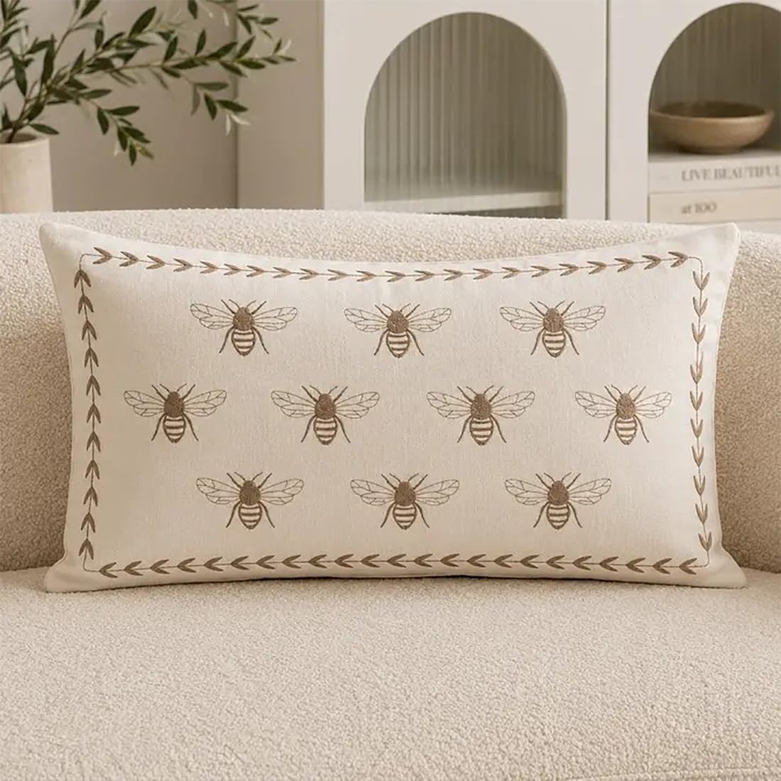 Fennco Styles Ivory Embroidered Bee Decorative Filled Throw Pillow