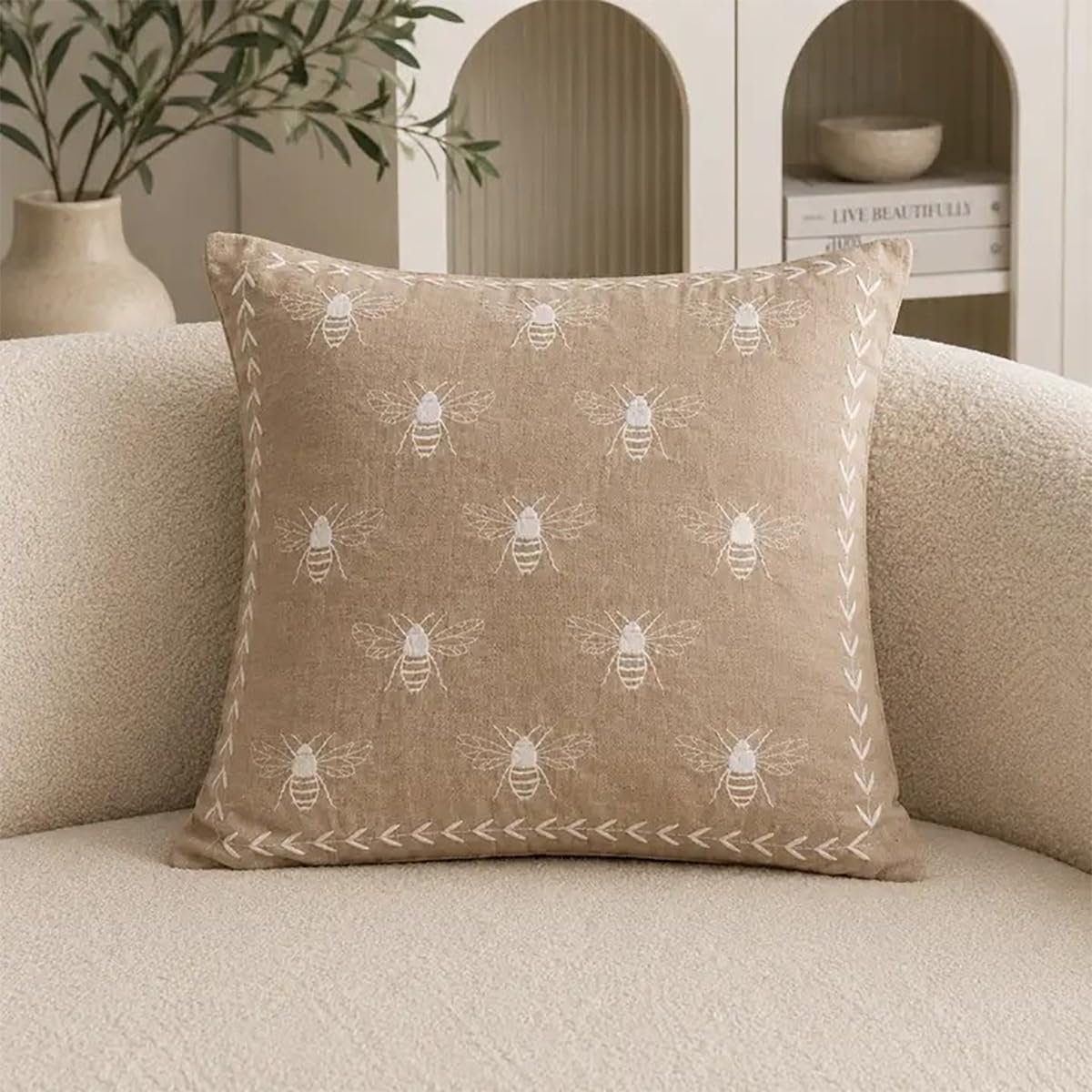 Fennco Styles Ivory Embroidered Bee Decorative Filled Throw Pillow