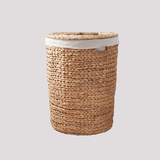 Round Tall Water Hyacinth Woven Wicker Laundry Hamper With Lid - For Clothes, Toys And Book Storage With Removable Liner - 15" X 15" X 20" - Natural Brown