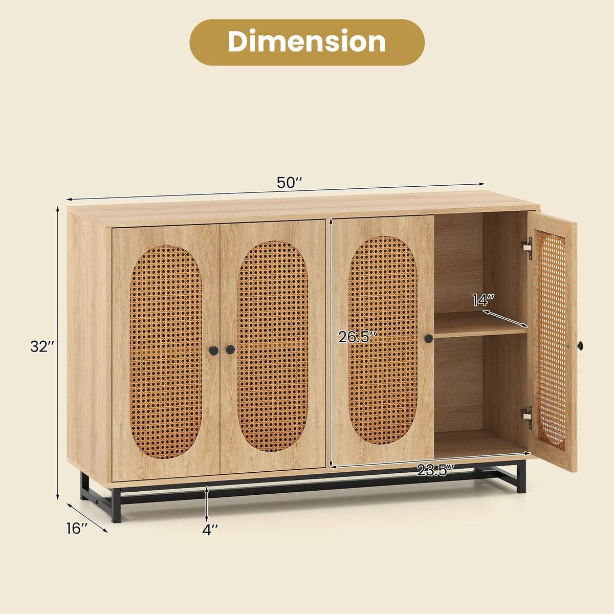 50 Inch Buffet Sideboard Cabinet with 4 Rattan Doors and Adjustable Shelves
