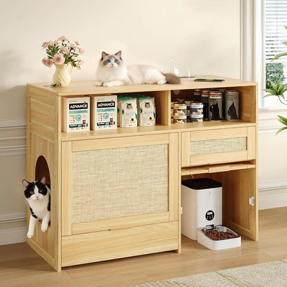 Hidden Litter Box Cabinet with Rattan Style and Storage