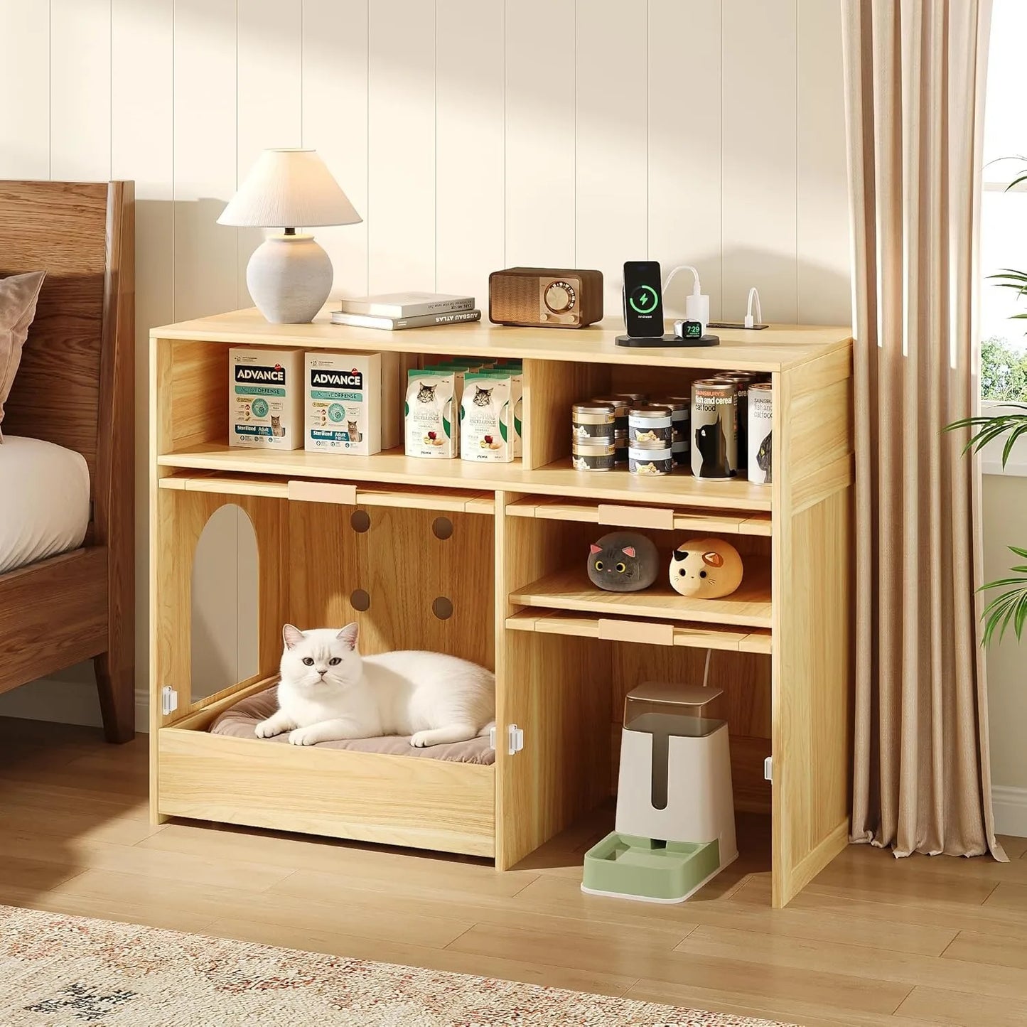 Hidden Litter Box Cabinet with Rattan Style and Storage