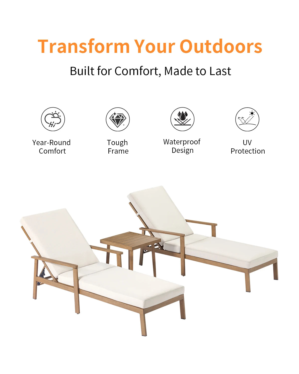 Teak-Style Aluminum 3-Piece Chaise Lounge Set