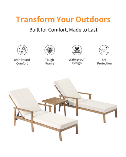 Teak-Style Aluminum 3-Piece Chaise Lounge Set
