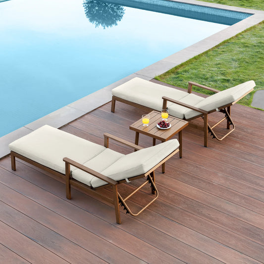 Teak-Style Aluminum 3-Piece Chaise Lounge Set