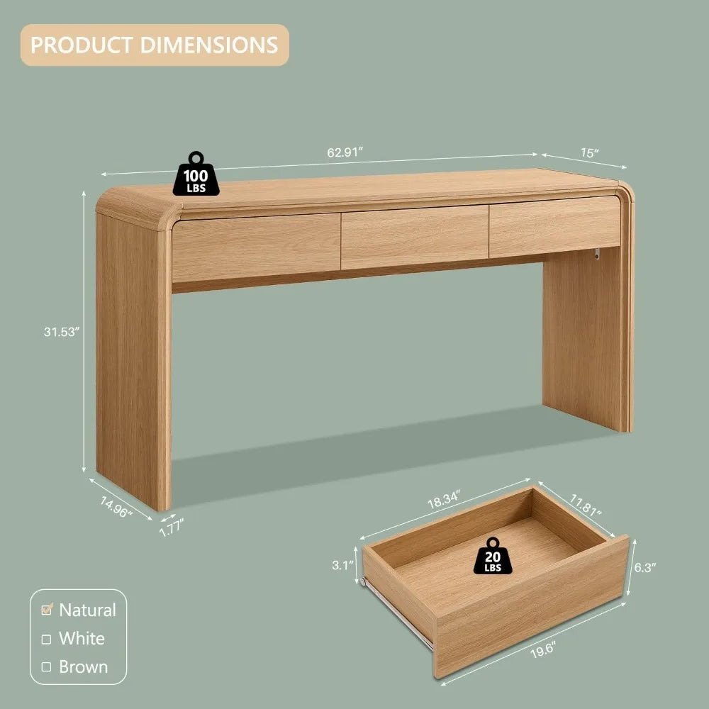 63'' Console Table with 3 Drawers, Curved Profile Design