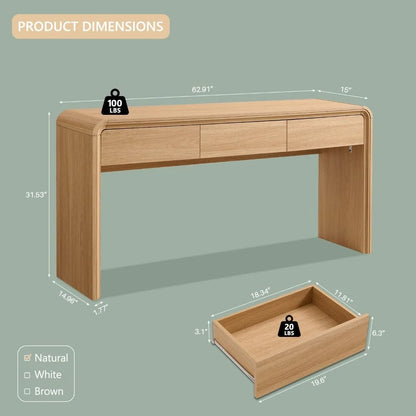 63'' Console Table with 3 Drawers, Curved Profile Design