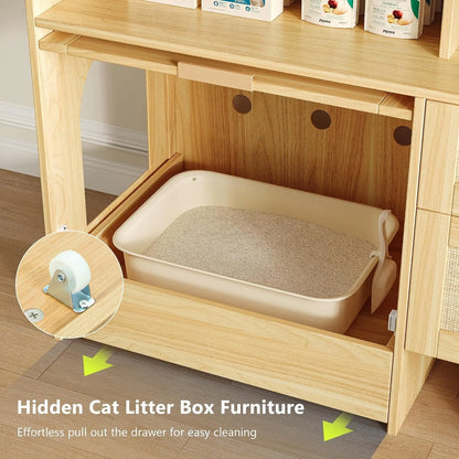 Hidden Litter Box Cabinet with Rattan Style and Storage